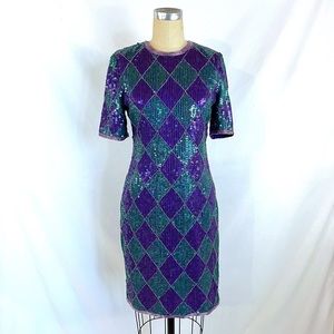 Vintage 80s Sequin Argyle Dress Silk & Beaded Small